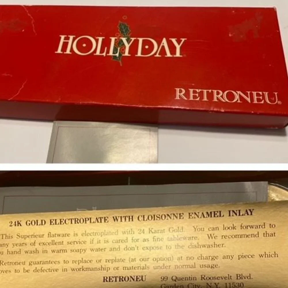 Retroneu Cranberry Server Cloissone 24K Gold Electroplate Made in Japan Boxed